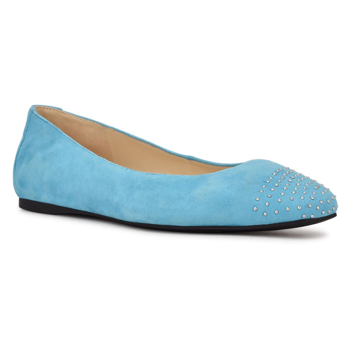 Women's Nine West Aloha Studded Square-Toe Ballet Flats Light Blue | CBIO21958