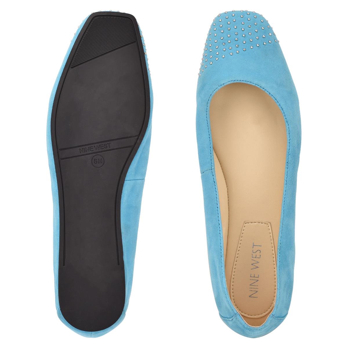 Women's Nine West Aloha Studded Square-Toe Ballet Flats Light Blue | CBIO21958