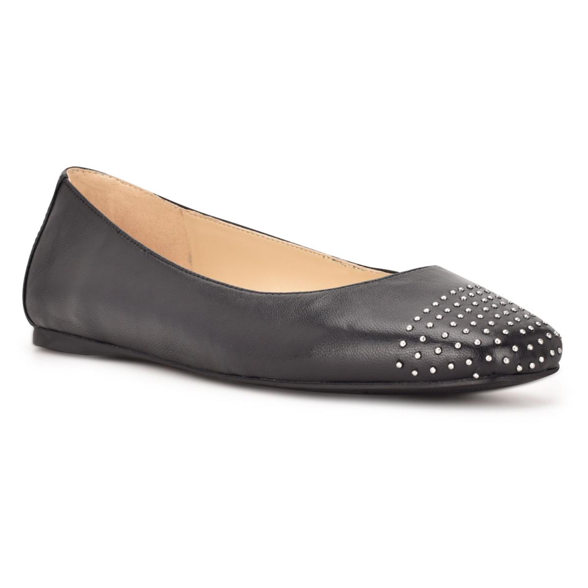 Women's Nine West Aloha Studded Square-Toe Ballet Flats Black | KVAS43528