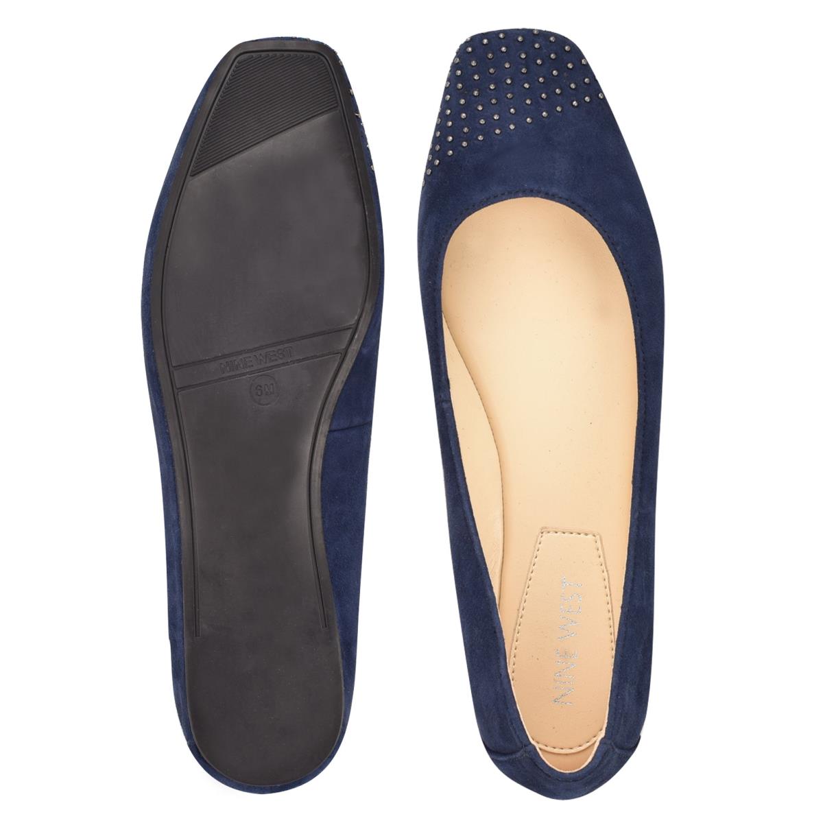 Women's Nine West Aloha Studded Square-Toe Ballet Flats Navy | NYSC39648