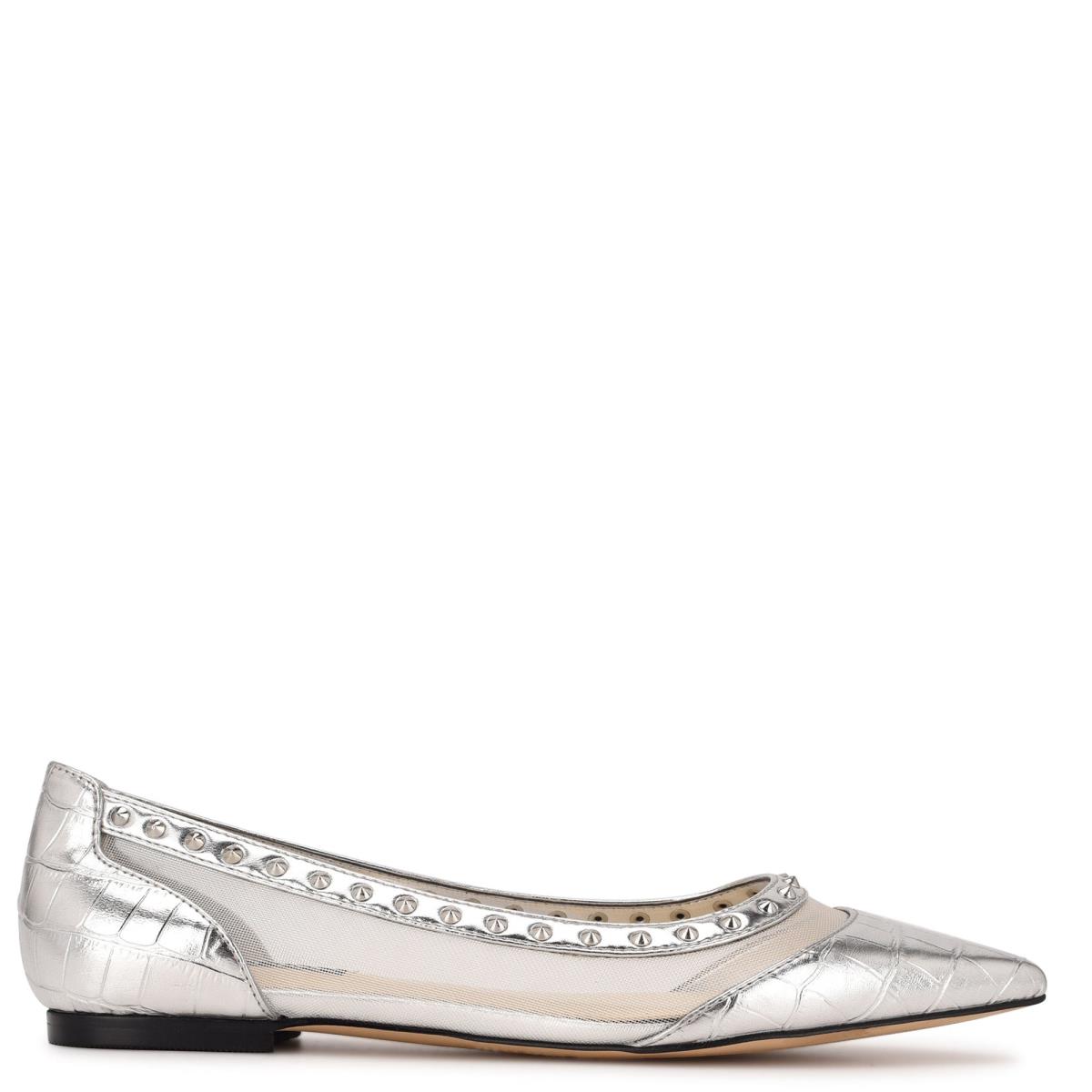 Women\'s Nine West Bizzie Pointy Toe Ballet Flats Silver | ITWR92308