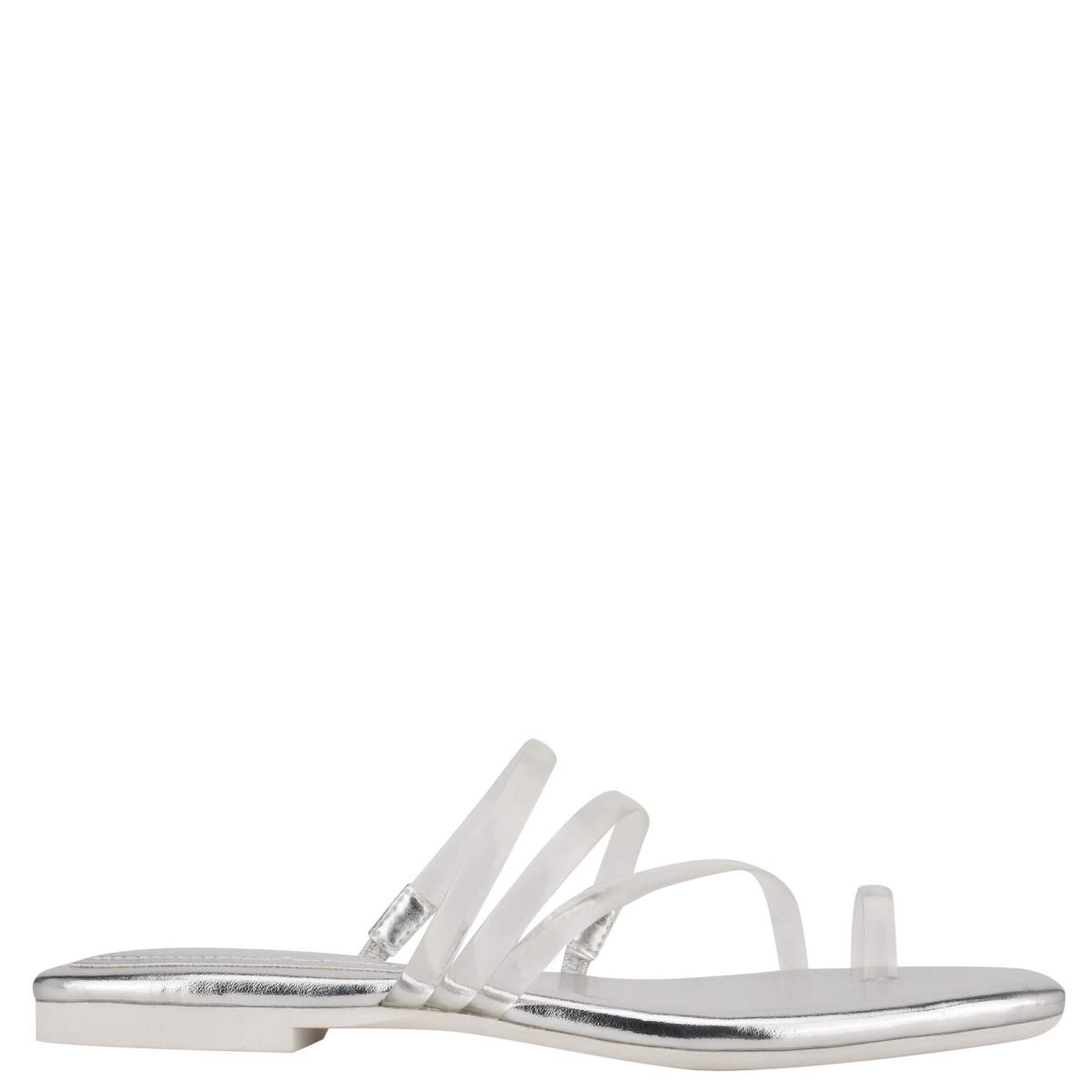 Women\'s Nine West Darbie Flat Toe Ring Slide Sandals Silver | YAZG60315