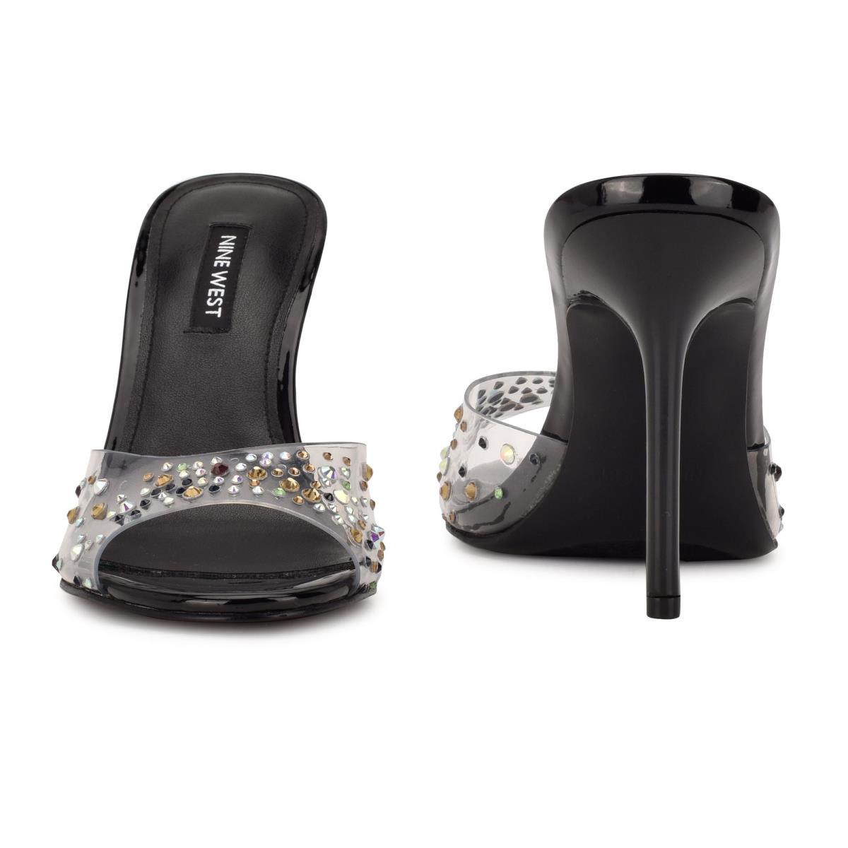 Women's Nine West Ido Rhinestone Heeled Slide Sandals Black | BRSG64839