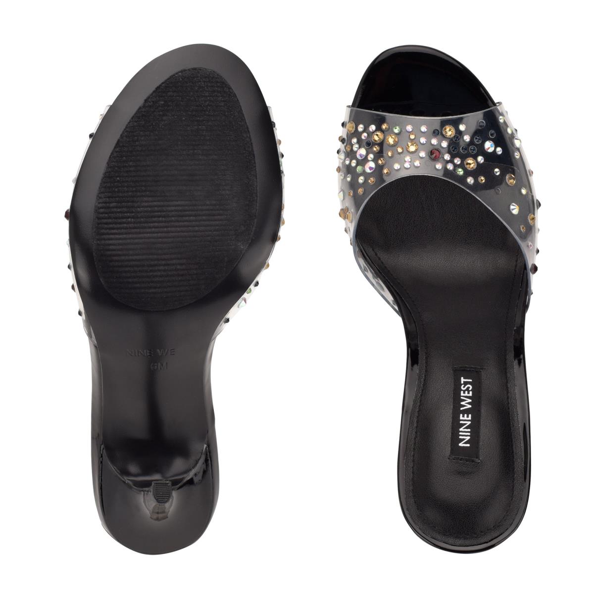 Women's Nine West Ido Rhinestone Heeled Slide Sandals Black | BRSG64839