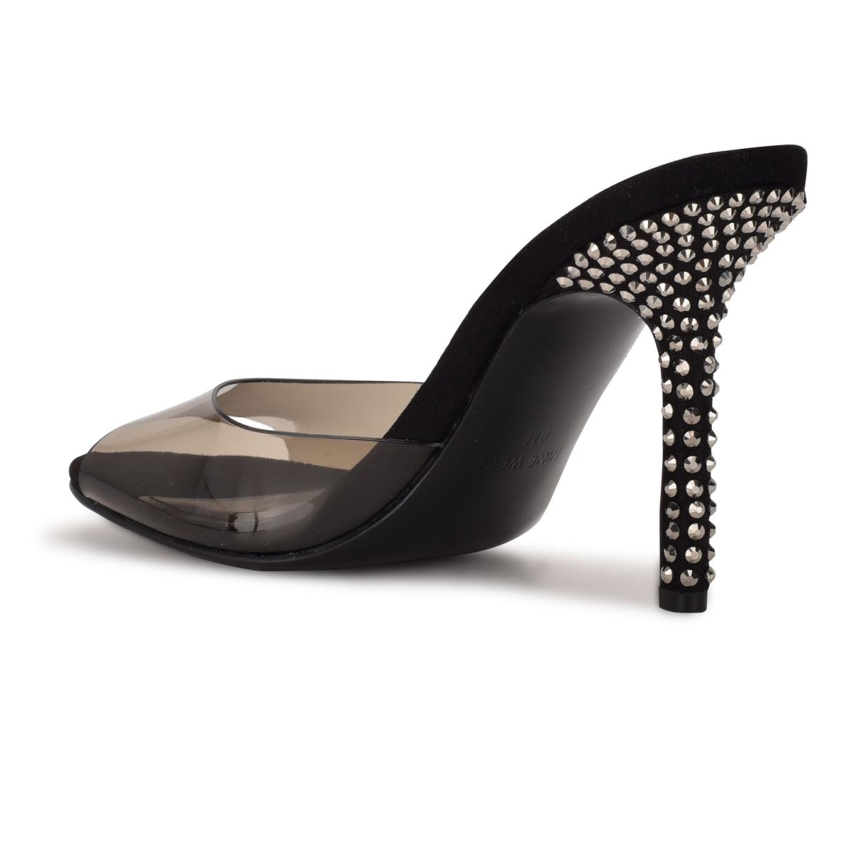 Women's Nine West Ido Rhinestone Heeled Slide Sandals Black | MKSB34705