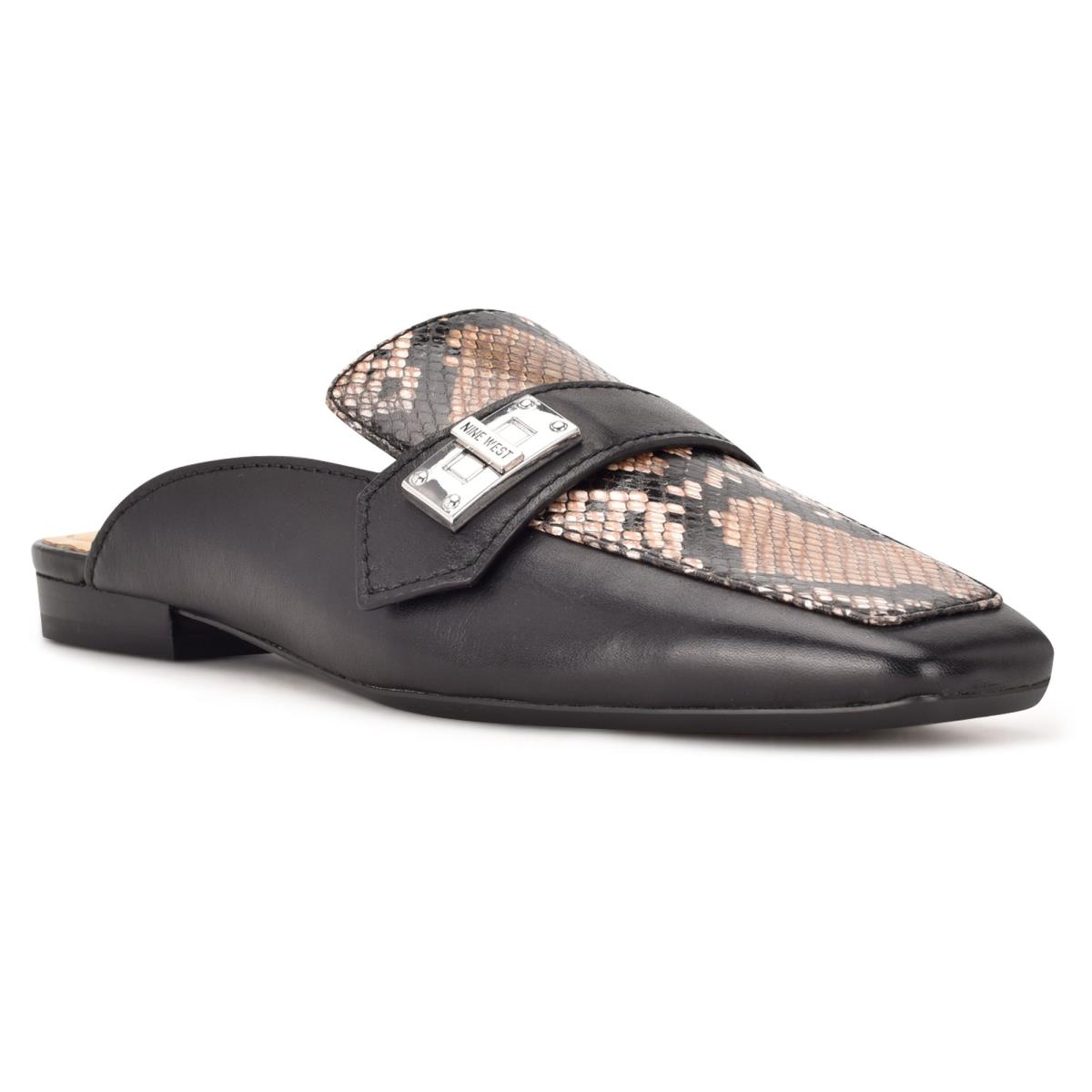 Women's Nine West Neat 9x9 Loafer Mules Black Beige Snake | FHKV95263