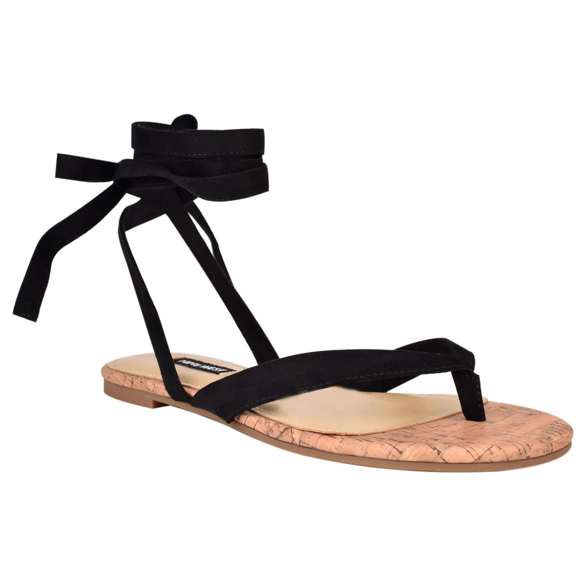 Women's Nine West Tiedup Ankle Wrap Flat Sandals Black | IVEX65241