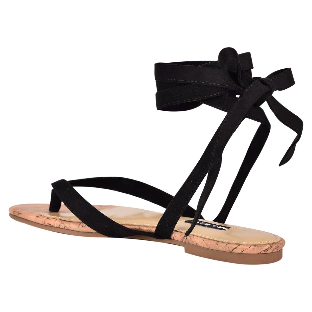 Women's Nine West Tiedup Ankle Wrap Flat Sandals Black | IVEX65241