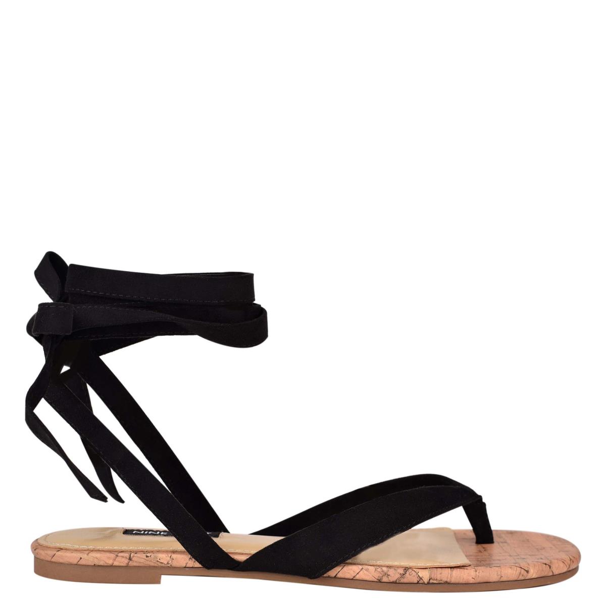 Women\'s Nine West Tiedup Ankle Wrap Flat Sandals Black | IVEX65241