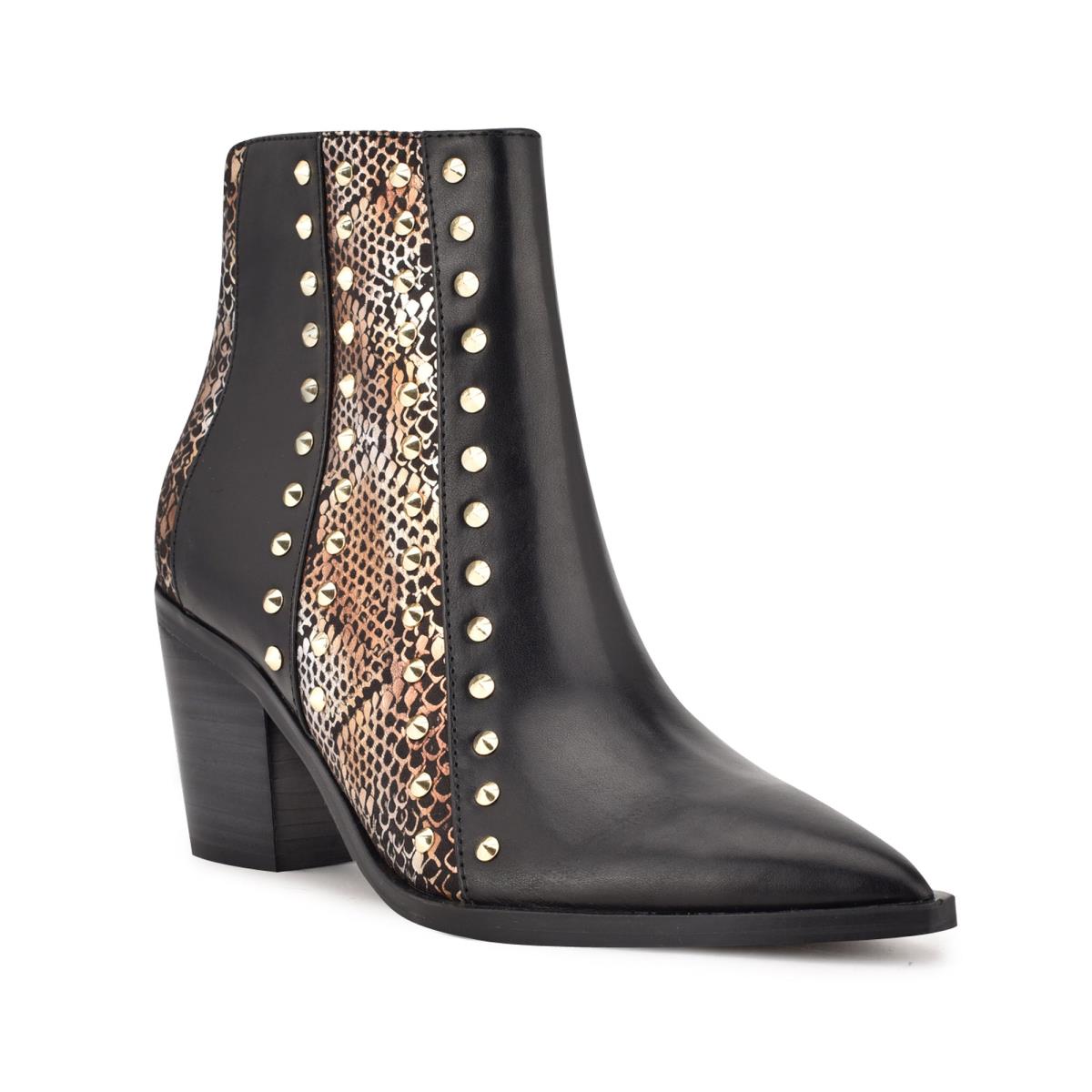 Women's Nine West What Studded Block Heel Booties Black / Gold | LWOE56218