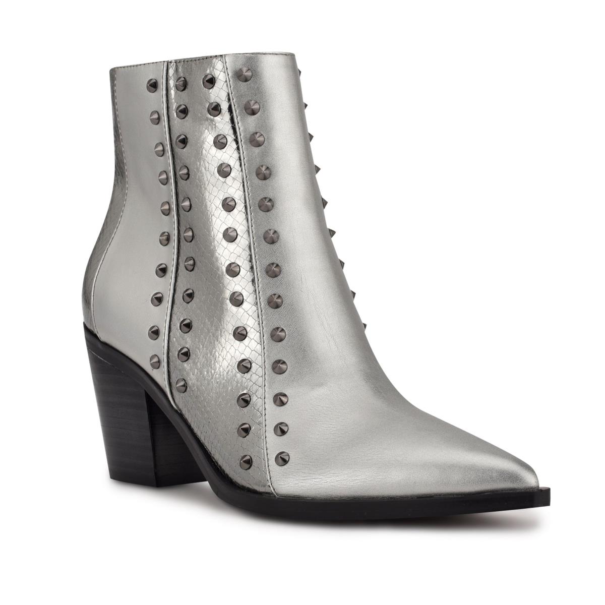 Women's Nine West What Studded Block Heel Booties Blue / Grey | YZJN65104