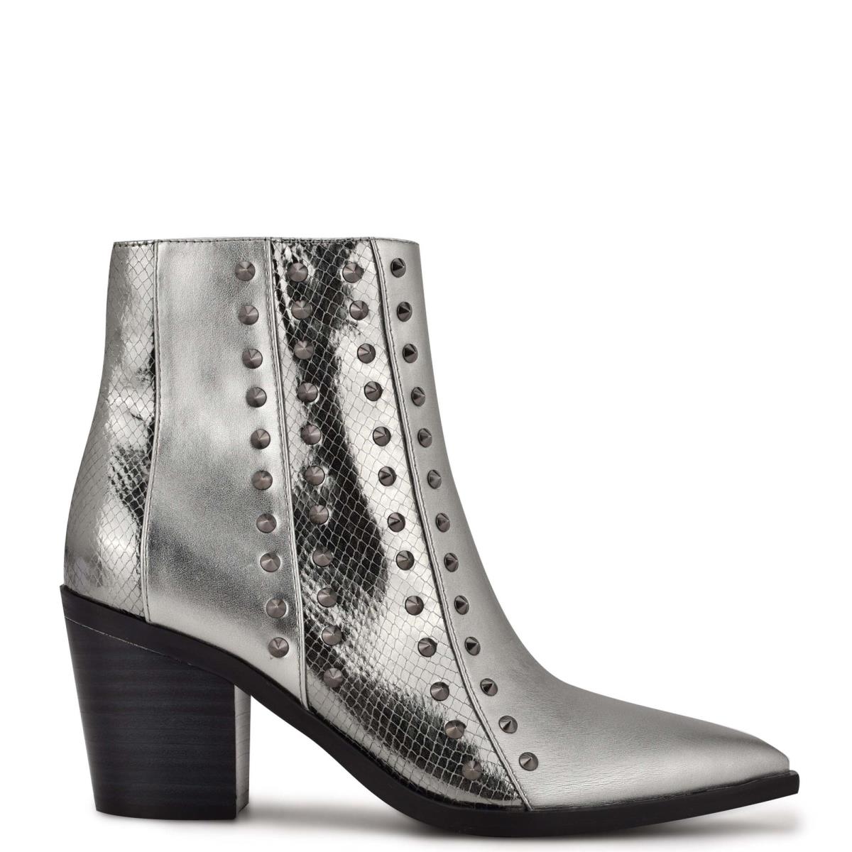 Women\'s Nine West What Studded Block Heel Booties Blue / Grey | YZJN65104