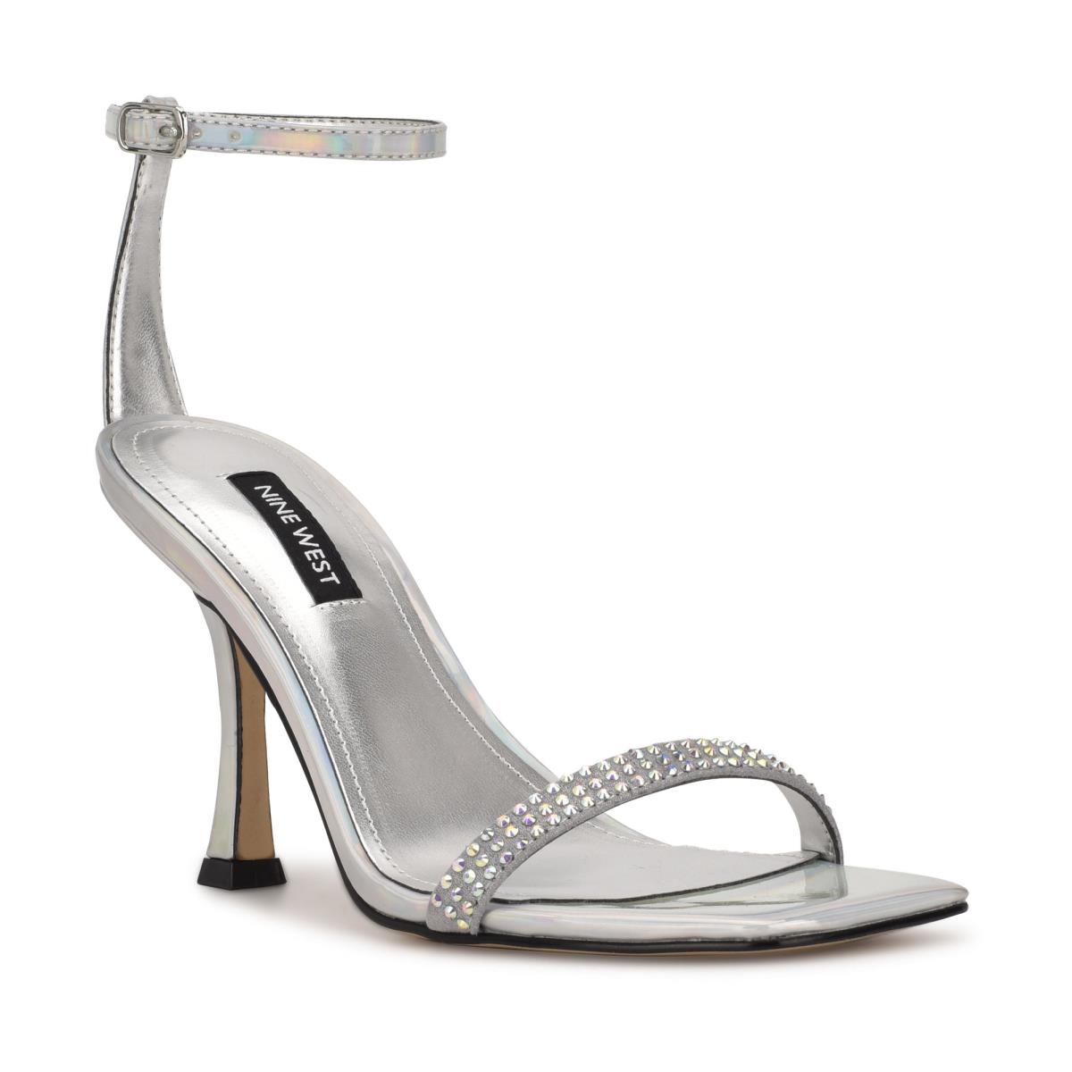 Women's Nine West Yess Rhinestone Ankle Strap Sandals Silver | GYSX71389