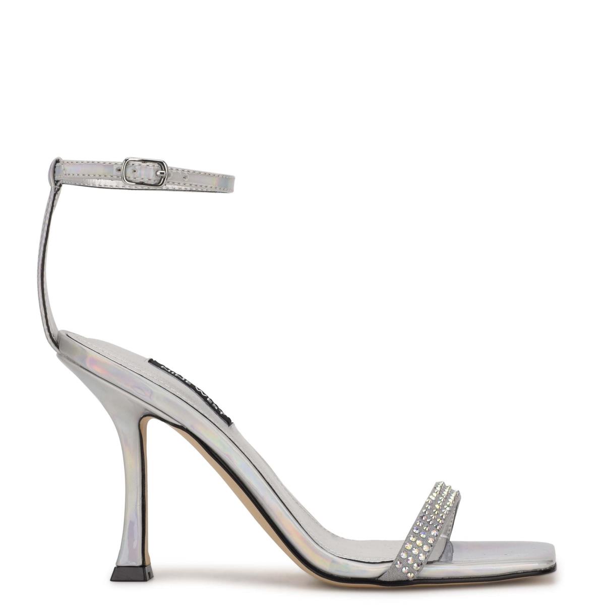 Women\'s Nine West Yess Rhinestone Ankle Strap Sandals Silver | GYSX71389