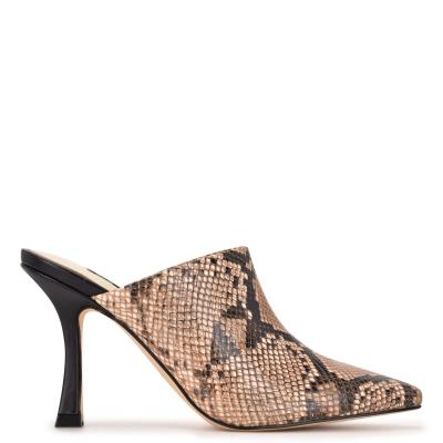 Women's Nine West Ciao Heel Mules Beige / Snake | VHIY07263