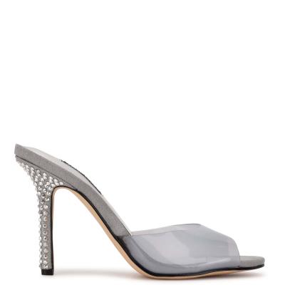 Women's Nine West Ido Rhinestone Heeled Slide Sandals Light Grey | CLFE43957