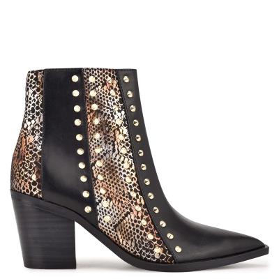 Women's Nine West What Studded Block Heel Booties Black / Gold | LWOE56218