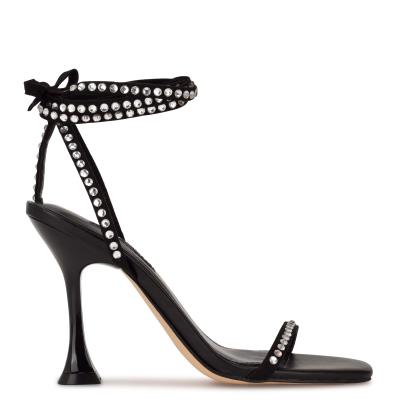 Women's Nine West Zing Ankle Wrap Heels Sandals Black | TVRG86709